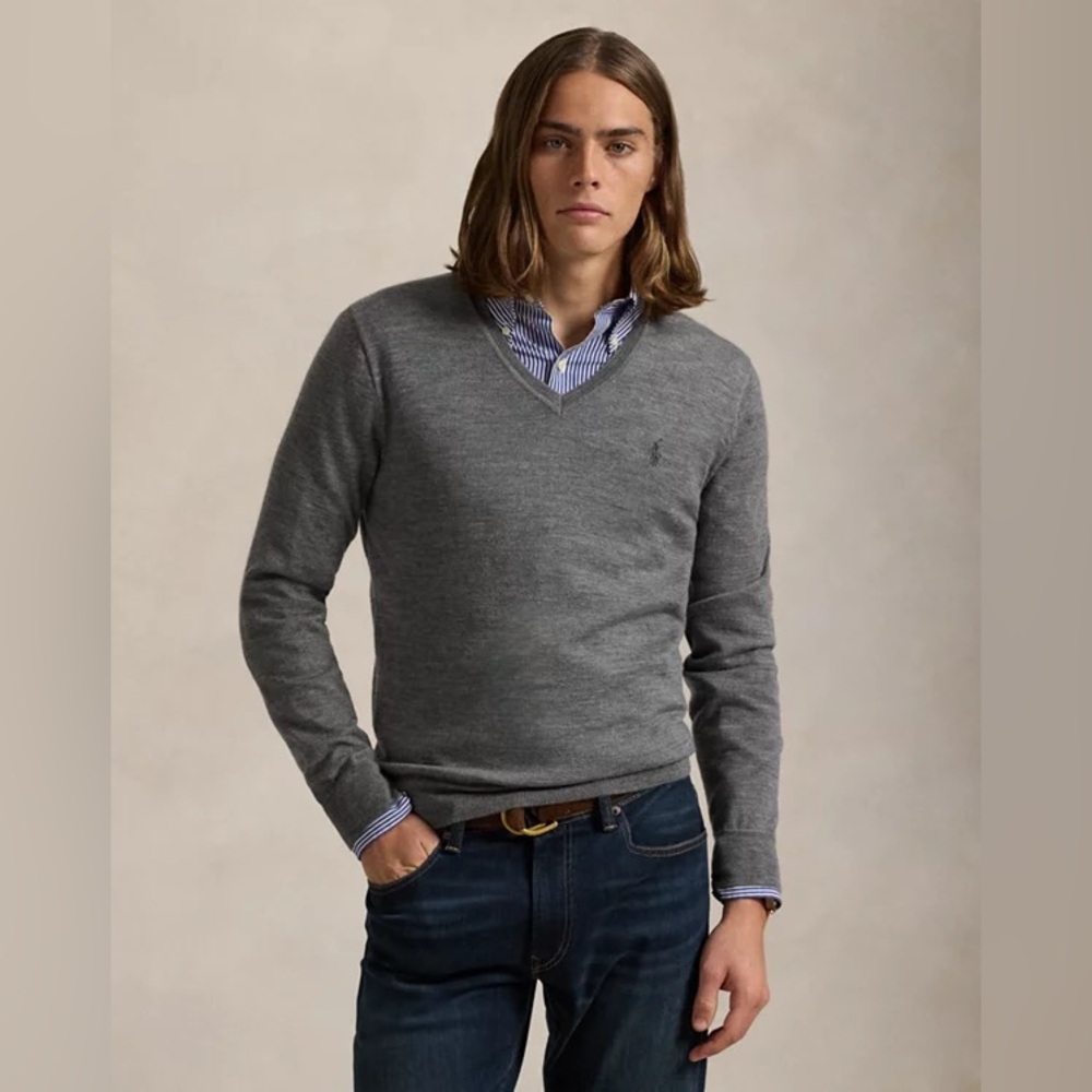 Polo Ralph Lauren Pima Cotton V neck Pullover Charcoal Grey 2 LT